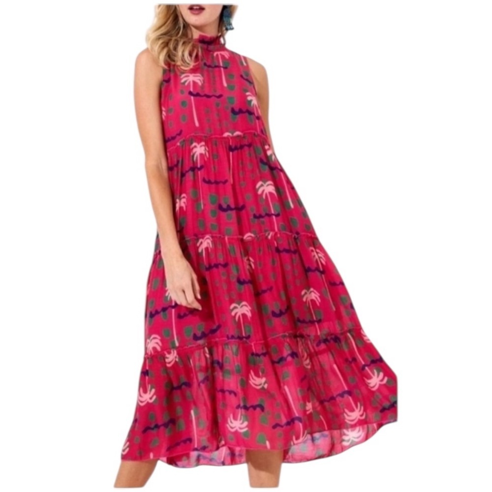 OLIPHANT Cotton Silk Ipanema Pink Palm Tree Tiered Midi Dress Size XS